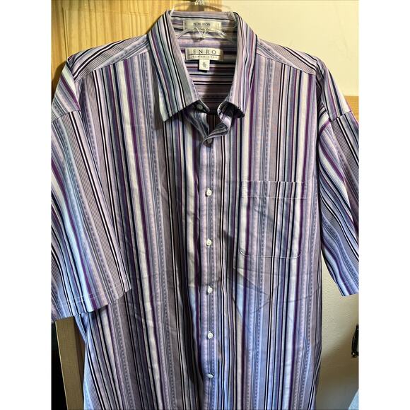 ENRO Vintage Men’s XL Purple Striped Short Sleeve Button Down Cotton Shirt - Picture 7 of 11